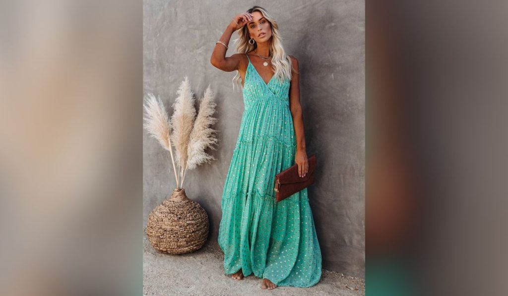 Woman wearing flowy maxi dress