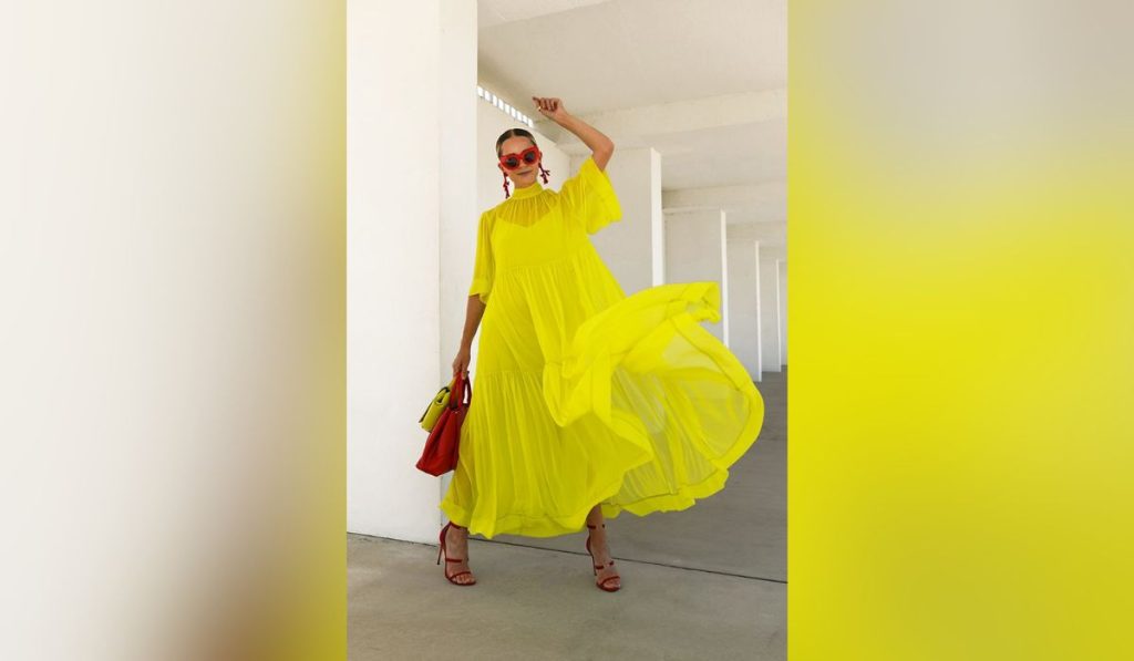 Woman wearing lime green dress