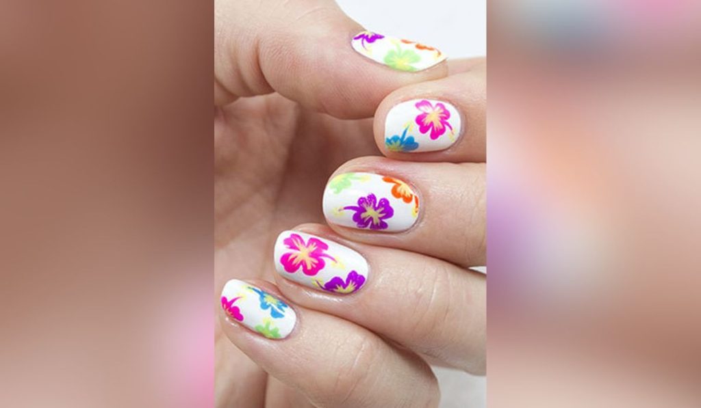 Tropical Flowers White Nails