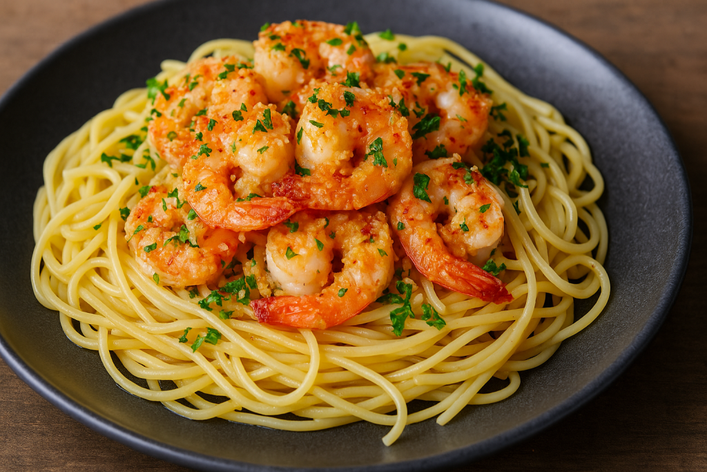 Bowl of garlic butter shrimp pasta salad with herbs garlic-butter-shrimp-pasta-salad