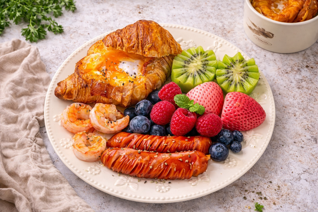 Croissant-Platter-with-Egg-Sausages-Shrimp
