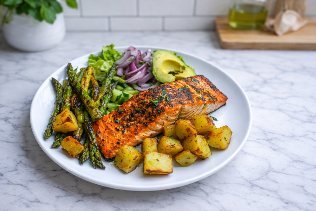 Pan-Seared-Salmon-with-Roasted-Potatoes-Charred-Asparagus-Avocado-Salad